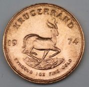 South Africa - A 1974 Krugerrand, 1 oz. fine gold (.999). Obv: Bust of Paul Kruger left.