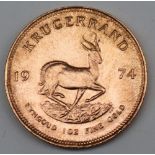 South Africa - A 1974 Krugerrand, 1 oz. fine gold (.999). Obv: Bust of Paul Kruger left.