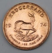 South Africa - A 1974 Krugerrand, 1 oz. fine gold (.999). Obv: Bust of Paul Kruger left.