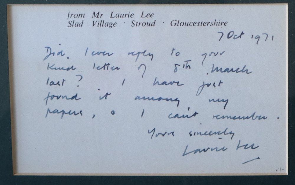 Laurie Lee Three hand written letter / note cards, Dated April 9 '57, - Image 4 of 4