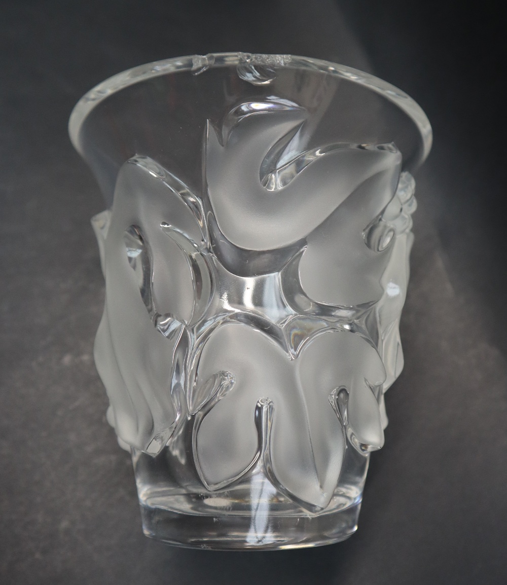 A Lalique glass vase, of flared tapering form, decorated with grapes and leaves, incised "Lalique, - Image 4 of 7