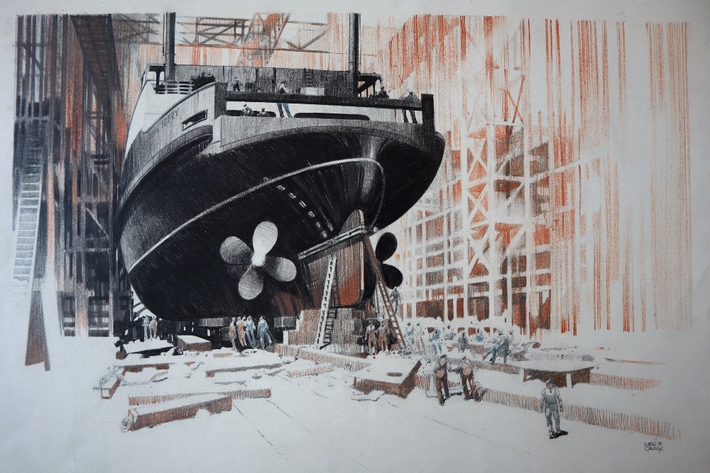 Leslie Carr (1891-1969) A Ferry in dry dock Pen, Ink and pastels (unframed) Signed 31 x 48. - Image 4 of 6