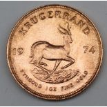 South Africa - A 1974 Krugerrand, 1 oz. fine gold (.999). Obv: Bust of Paul Kruger left.