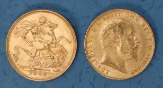 Two Edward VII gold sovereigns,