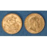 Two Edward VII gold sovereigns,