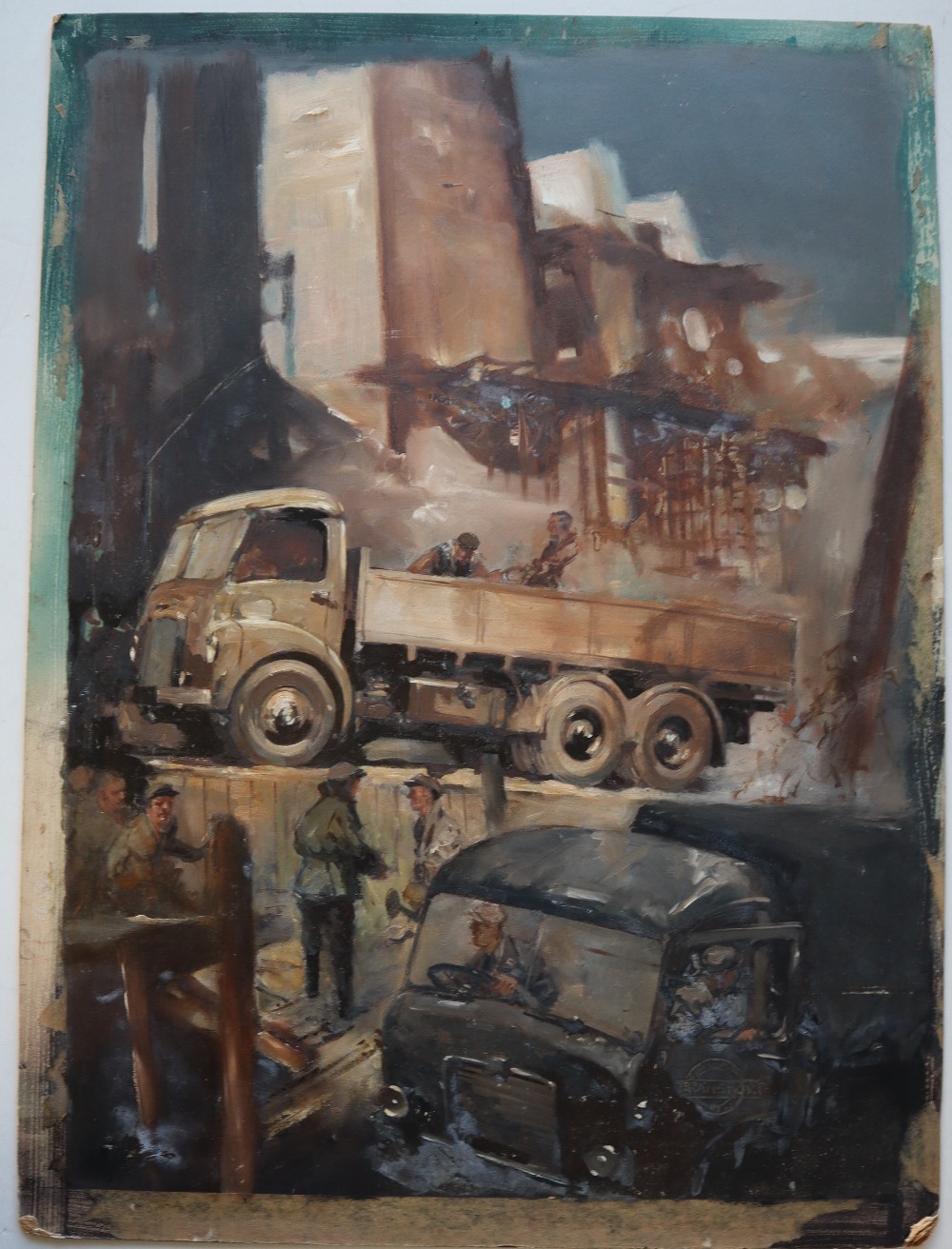 Leslie Carr (1891-1969) Trucks unloading with figures in the foreground Oil on board (unframed) 61