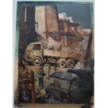 Leslie Carr (1891-1969) Trucks unloading with figures in the foreground Oil on board (unframed) 61