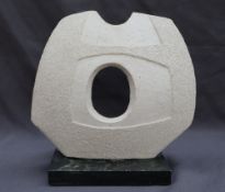 Roger Veal - A stoneware abstract sculpture, in cream glaze, on a signed stone base,