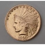 USA gold ten dollars, dated 1910 with Indian Head, 16.