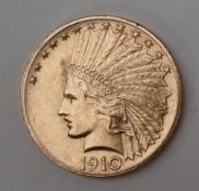 USA gold ten dollars, dated 1910 with Indian Head, 16.