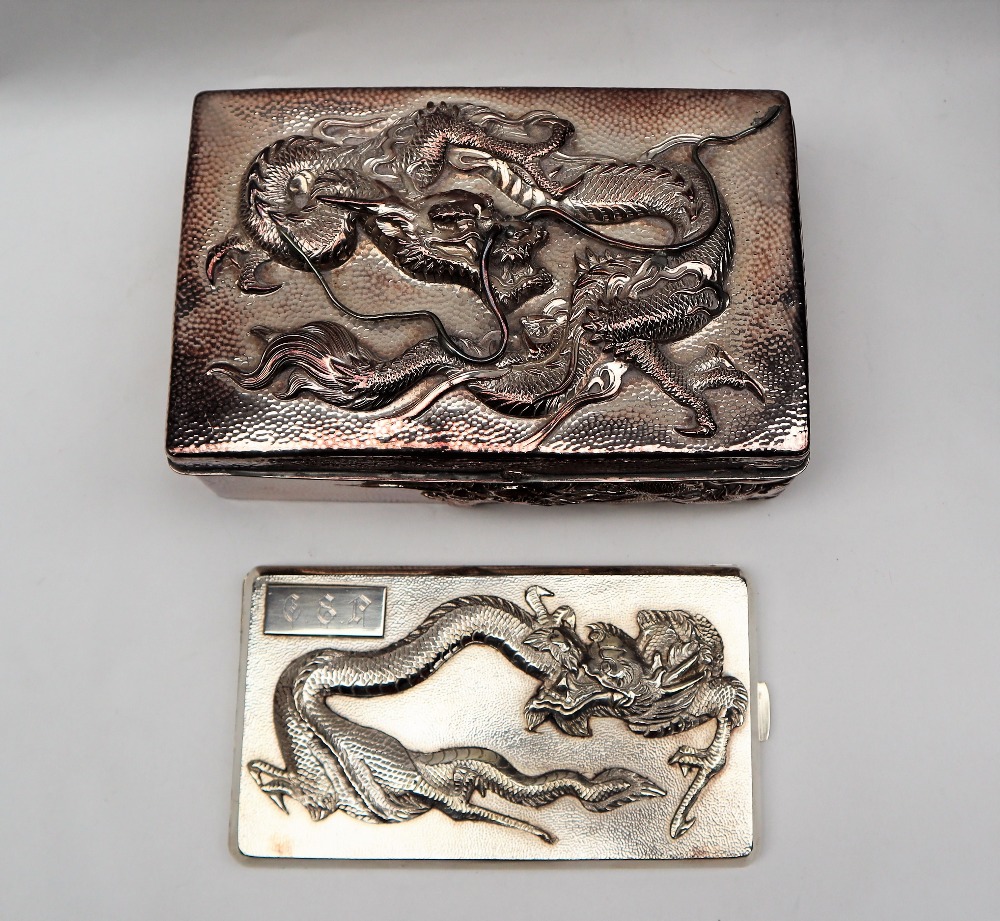 A Chinese silver cigarette case, the top decorated with a dragon and initialled, marked 90, - Image 2 of 15