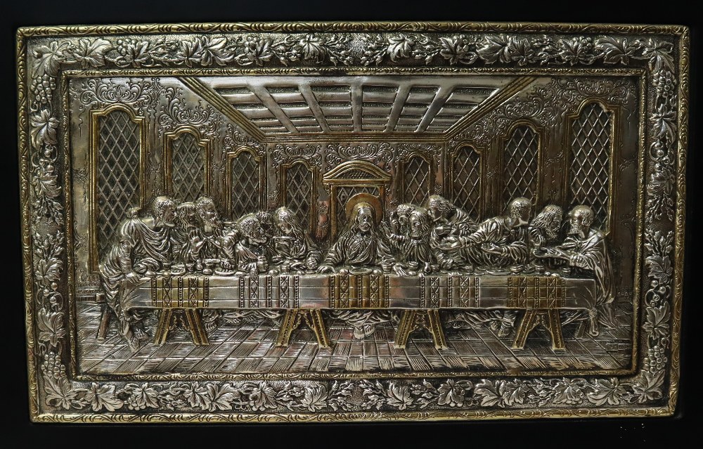 A modern silver copy of an old Byzantine Icon, depicting the last supper, marked 925,