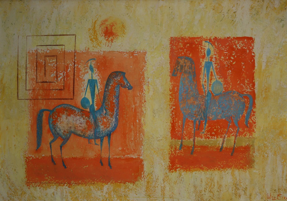 George MacCann (20th century) The Meeting - Two Grecian warriors on horseback Oil on