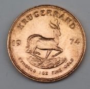 South Africa - A 1974 Krugerrand, 1 oz. fine gold (.999). Obv: Bust of Paul Kruger left.