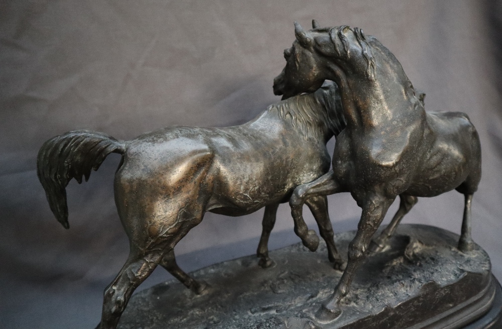 After P J Mene Two horses Spelter On an oval baser Bears a signature 56cm long x 25cm wide x 41cm - Image 7 of 10