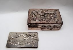 A Chinese silver cigarette case, the top decorated with a dragon and initialled, marked 90,