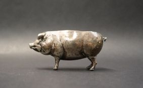 A novelty silver pin cushion in the form of a standing pig, marks indistinct,