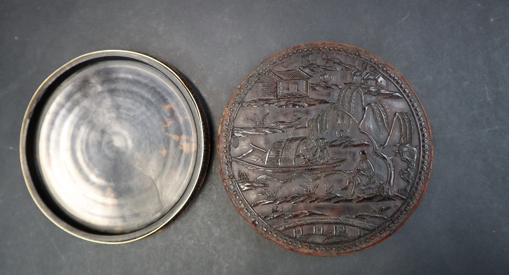 A 19th century Chinese carved tortoiseshell box and cover of circular form, - Image 6 of 11