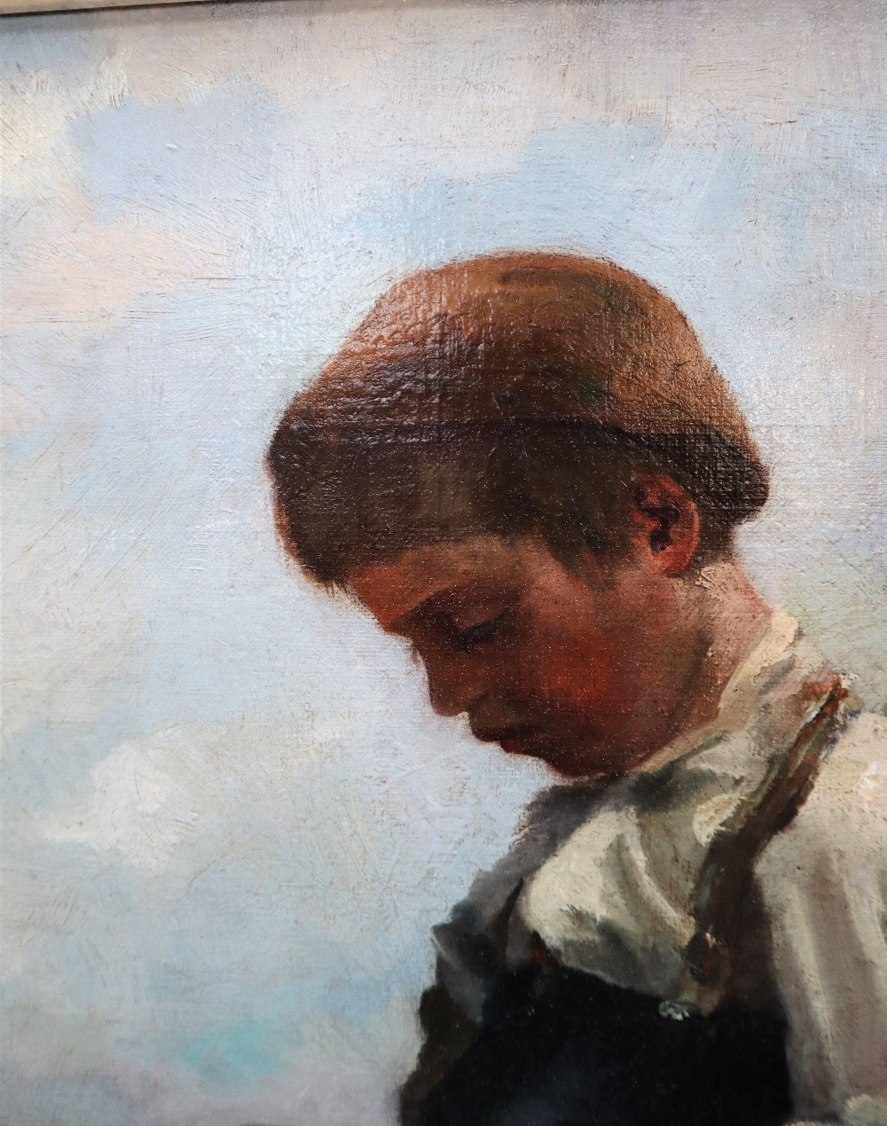 19th Century Continental School A young boy gutting fish Oil on canvas 39. - Image 4 of 5