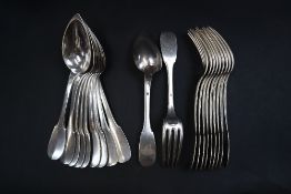 A set of nine French white metal table spoons, together with ten matching table forks, Minerva mark,