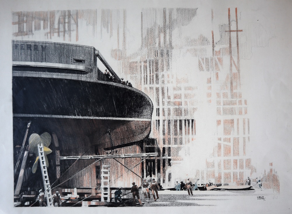 Leslie Carr (1891-1969) A Ferry in dry dock Pen, Ink and pastels (unframed) Signed 31 x 48. - Image 2 of 6