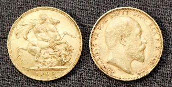 Two Edward VII gold sovereigns,