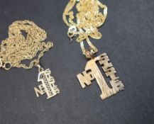 Two 9ct gold No.1 Sister pendants on 9ct gold chains approximately 7.