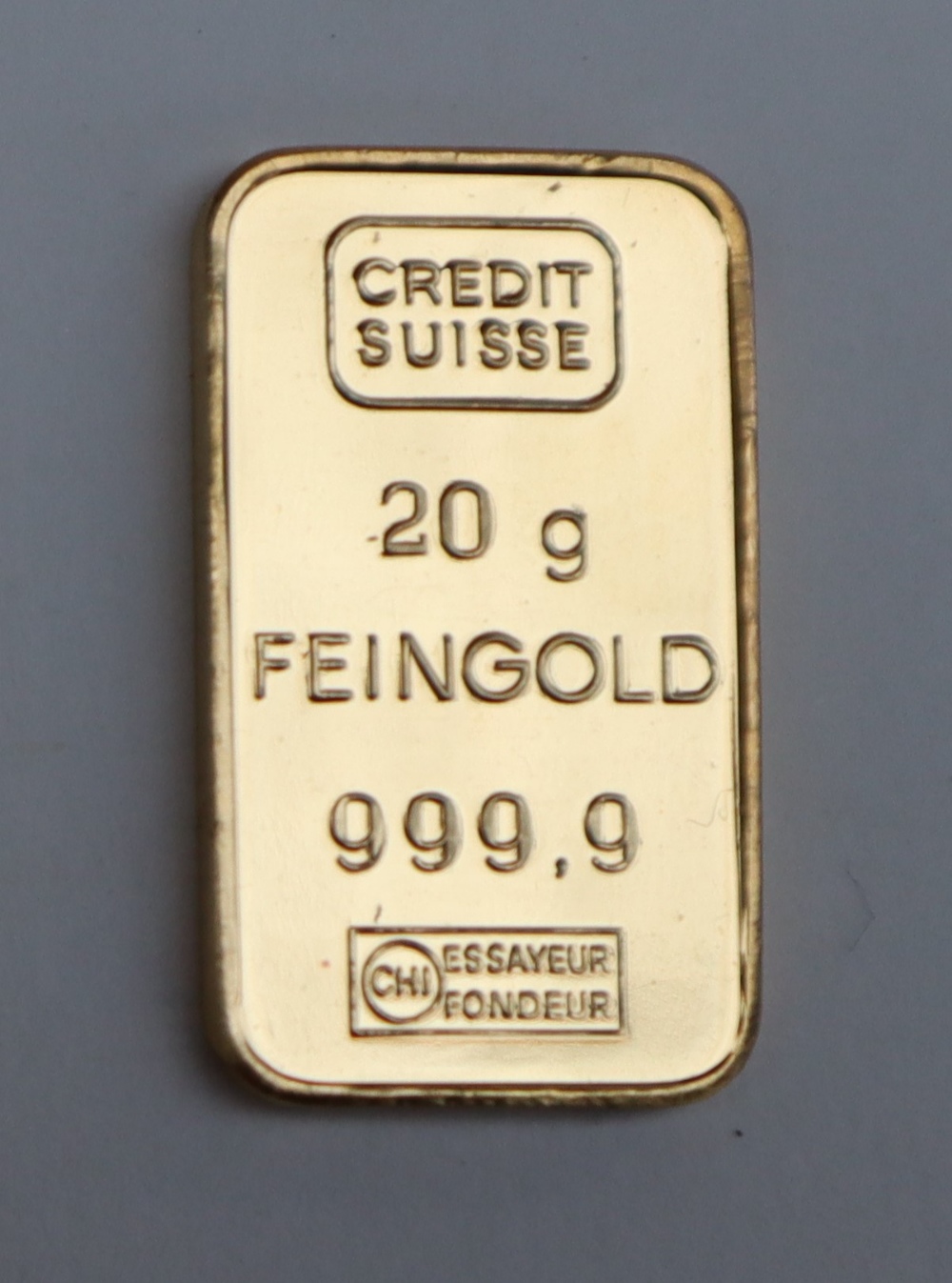 A 20g fine gold bar, stamped to one side 'Credit Suisse 20g Feingold 999.