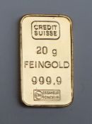 A 20g fine gold bar, stamped to one side 'Credit Suisse 20g Feingold 999.