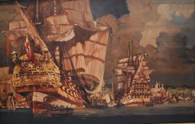 Leslie Carr (1891-1969) Old Southampton War ships and other boats in the harbour Oil on