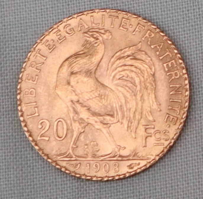 A gold 20 Francs Rooster coin,