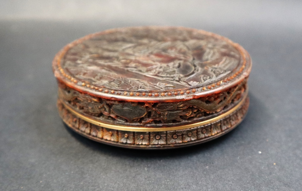 A 19th century Chinese carved tortoiseshell box and cover of circular form, - Image 3 of 11