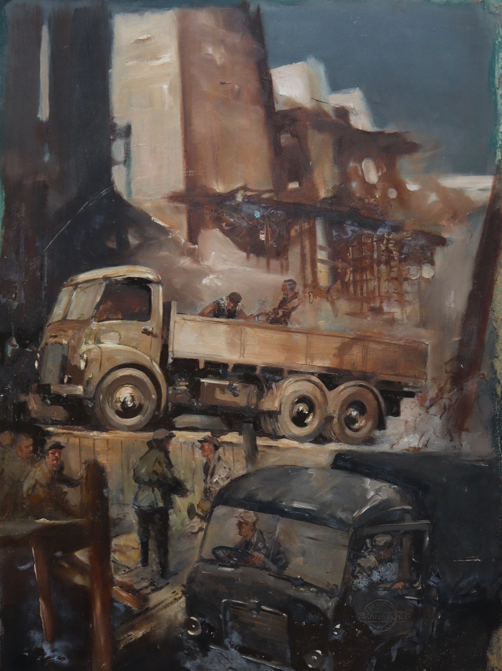 Leslie Carr (1891-1969) Trucks unloading with figures in the foreground Oil on board (unframed) 61 - Image 2 of 4