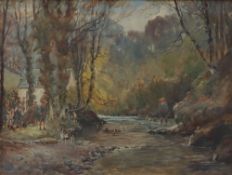 Sam Garratt Mink hounds in a river Watercolour Signed 24.