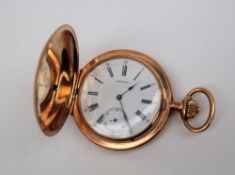 A 14K yellow metal Longines hunter keyless wound full hunter pocket watch,