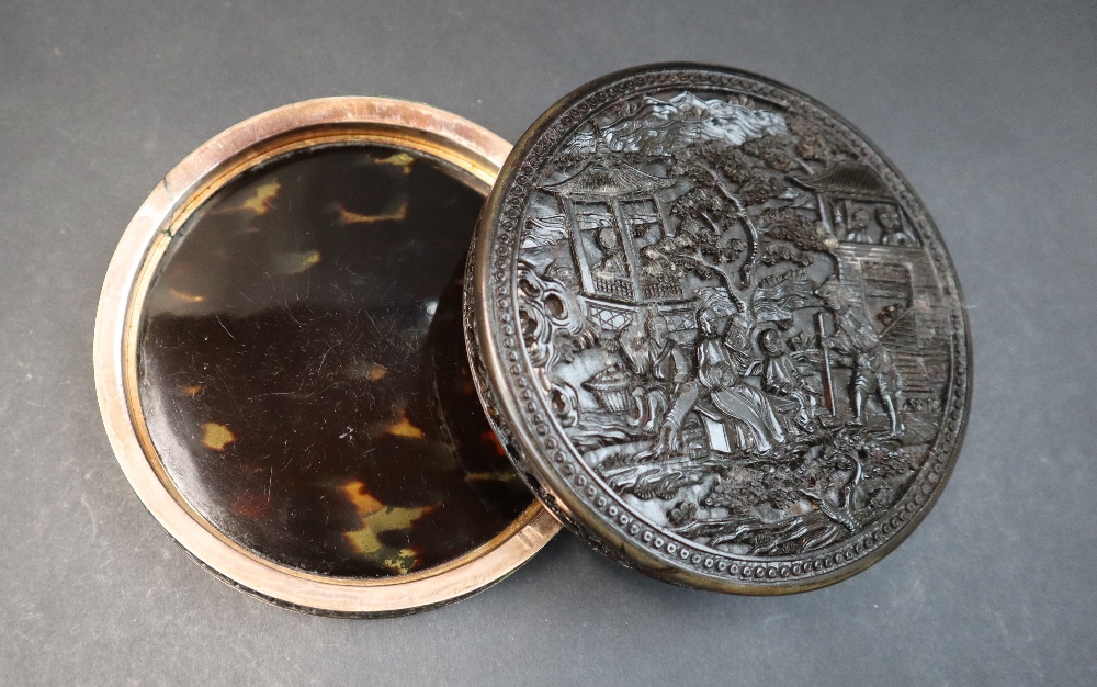 A 19th century Chinese carved tortoiseshell box and cover of circular form, - Image 4 of 7