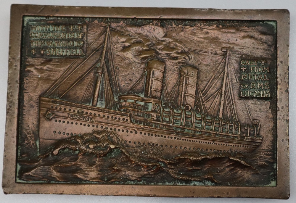 A bronze plaque / paperweight cast with an image of the RMS Lucania, "cast from metal from the ship, - Image 3 of 4