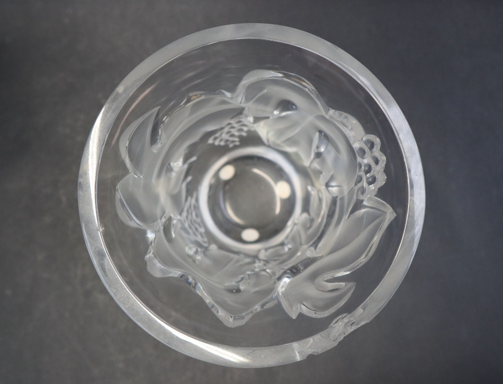 A Lalique glass vase, of flared tapering form, decorated with grapes and leaves, incised "Lalique, - Image 6 of 7