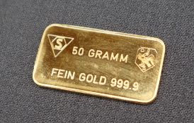 A 50g fine gold bar, marked 'Schweizerischer Bankverein, Societe De Banque Suisse,