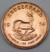 South Africa - A 1974 Krugerrand, 1 oz. fine gold (.999). Obv: Bust of Paul Kruger left.