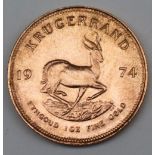 South Africa - A 1974 Krugerrand, 1 oz. fine gold (.999). Obv: Bust of Paul Kruger left.