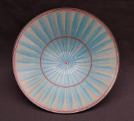 Christine Feiler - A studio pottery bowl, with blue fan decoration to a line decorated border,