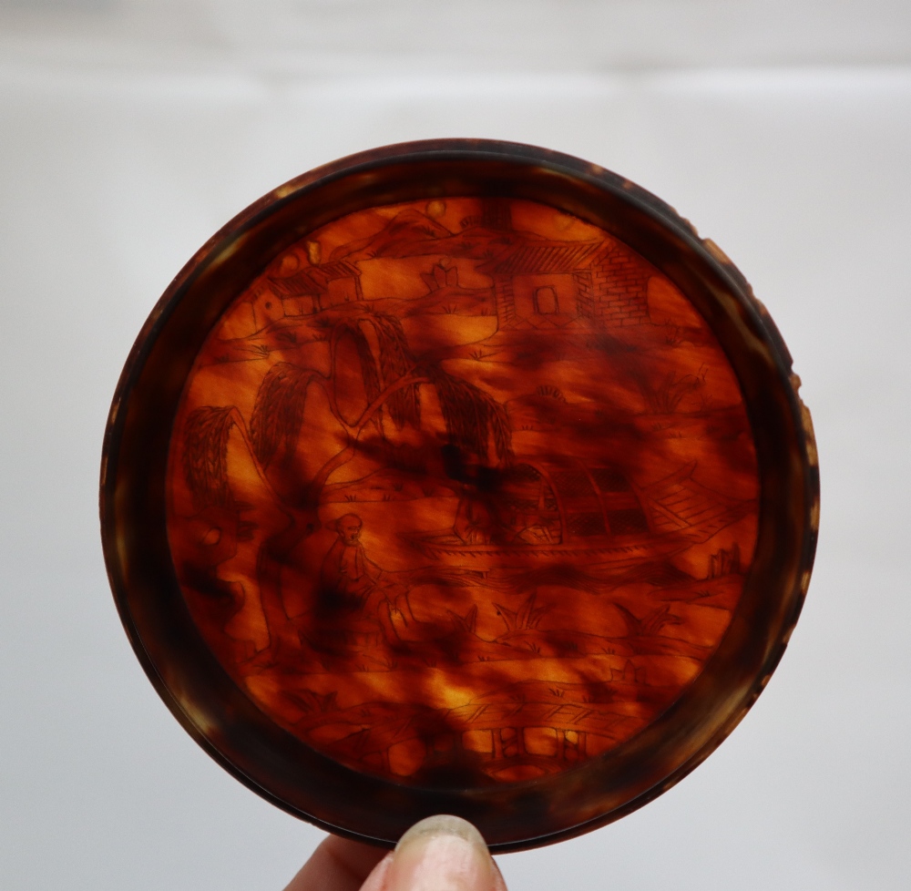 A 19th century Chinese carved tortoiseshell box and cover of circular form, - Image 10 of 11