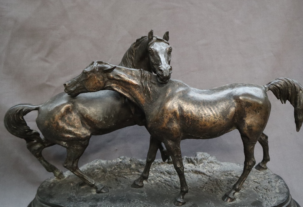 After P J Mene Two horses Spelter On an oval baser Bears a signature 56cm long x 25cm wide x 41cm - Image 2 of 10