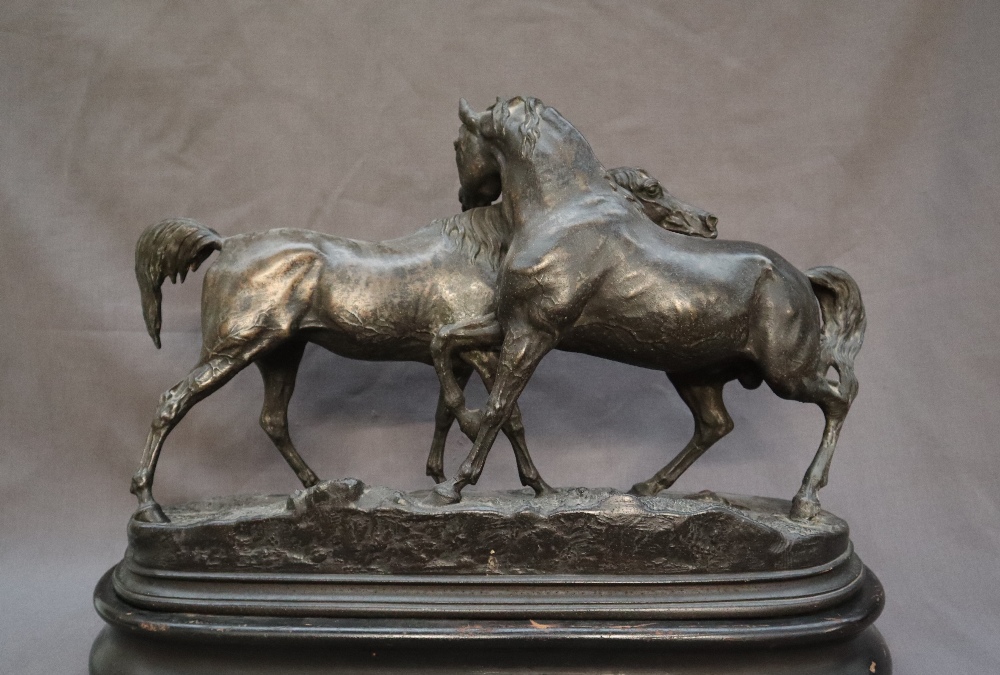 After P J Mene Two horses Spelter On an oval baser Bears a signature 56cm long x 25cm wide x 41cm - Image 6 of 10
