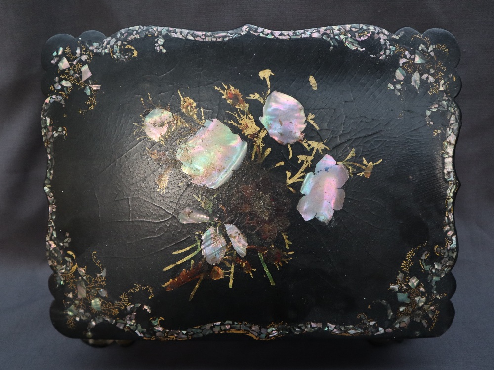 A Victorian papier mache writing slope, inlaid with mother of pearl and gilt decorated leaves, - Image 5 of 13