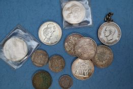 Three 1965 10 Franc coins together with a 1966 example and other coins