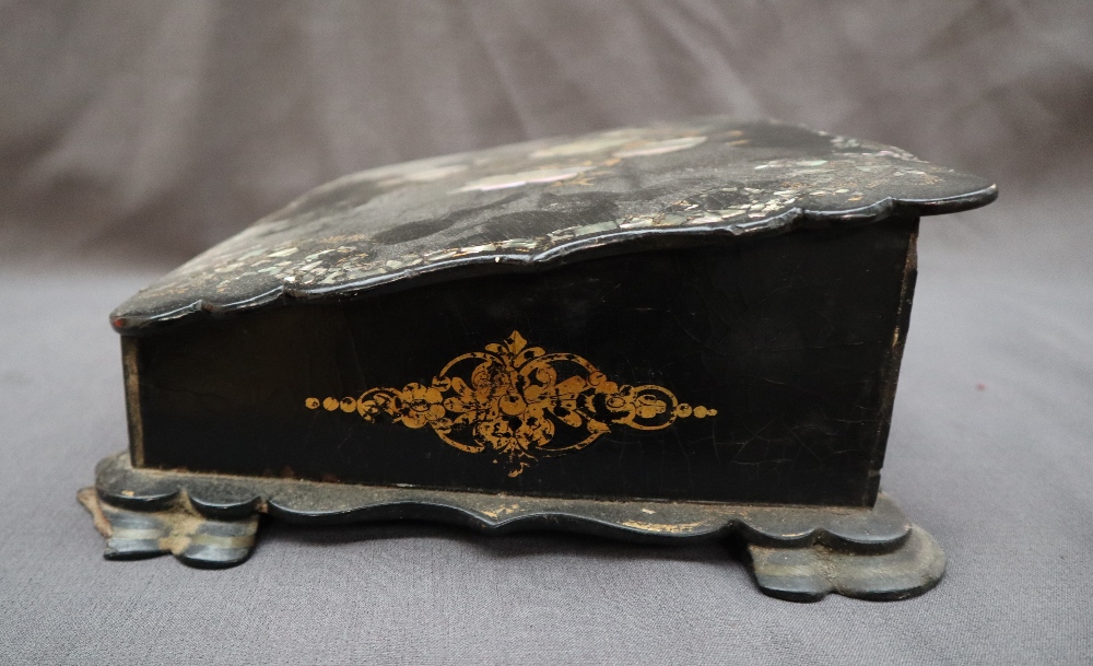 A Victorian papier mache writing slope, inlaid with mother of pearl and gilt decorated leaves, - Image 12 of 13