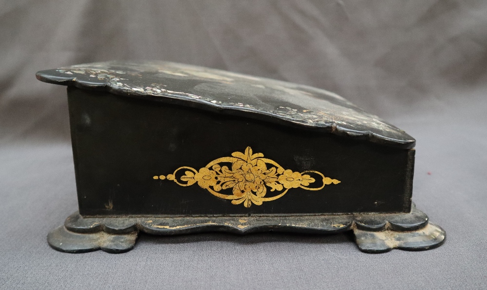 A Victorian papier mache writing slope, inlaid with mother of pearl and gilt decorated leaves, - Image 4 of 13