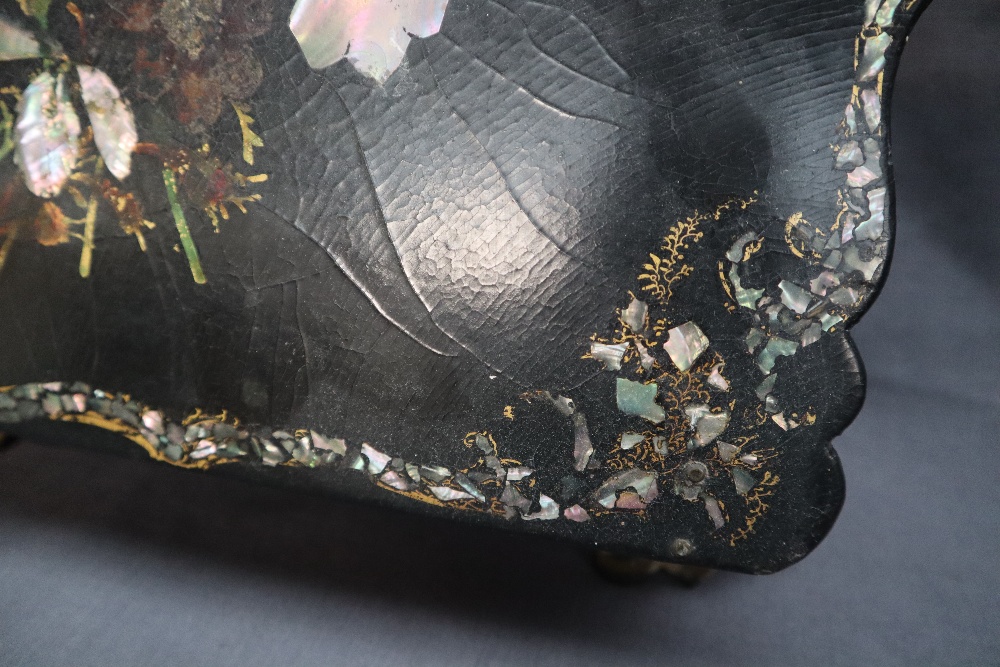 A Victorian papier mache writing slope, inlaid with mother of pearl and gilt decorated leaves, - Image 6 of 13